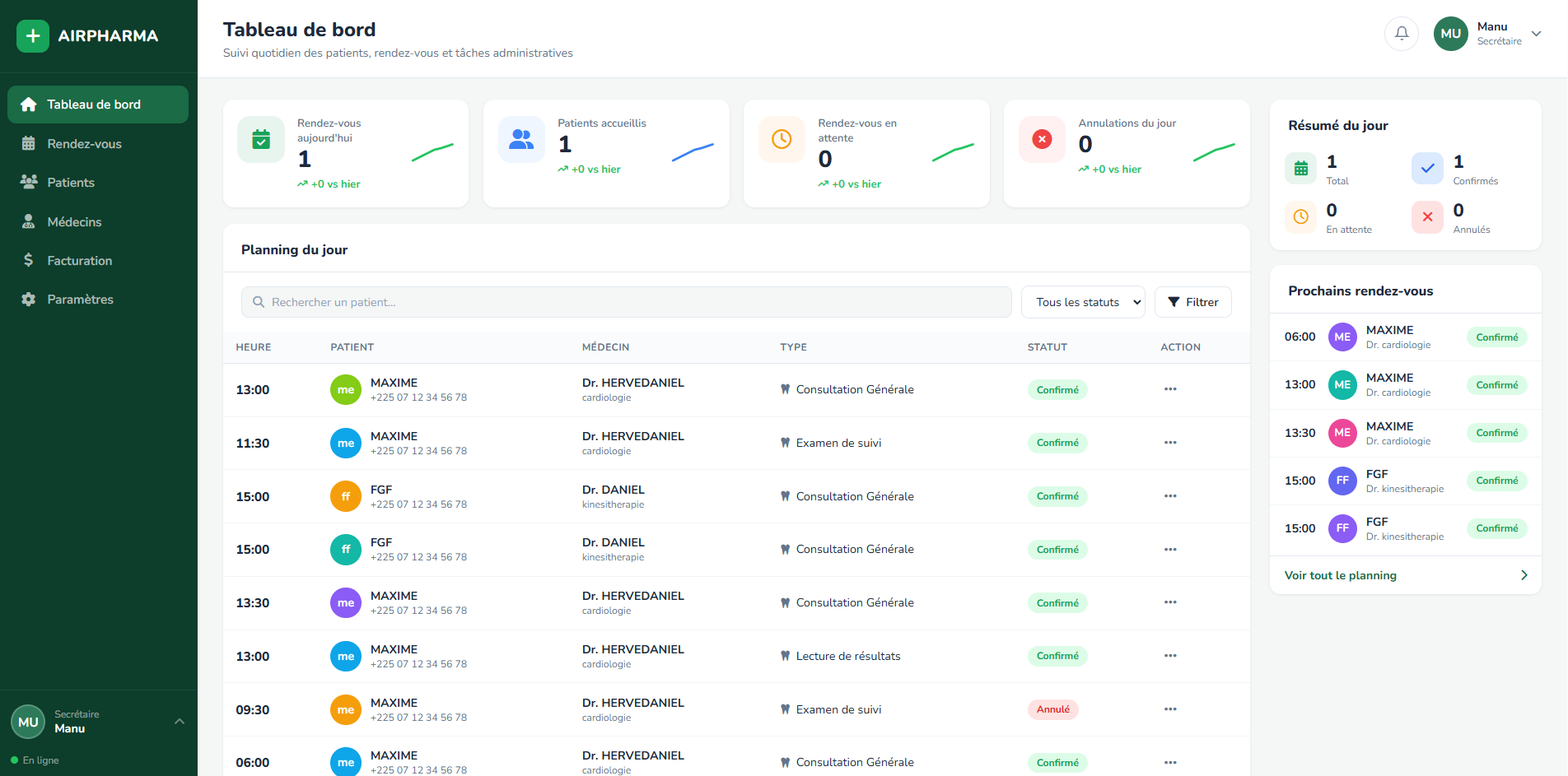 Dashboard secrétaire